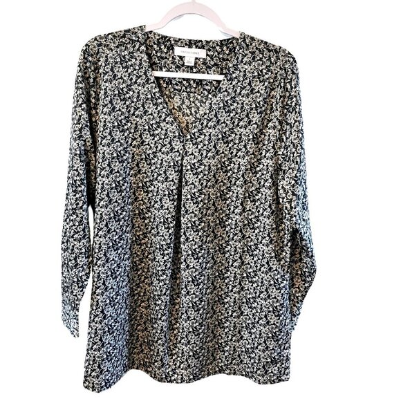 Madison Grey L Satin Top Long Sleeve VNeck Flowy Black/Ivory Floral Print - Picture 1 of 5